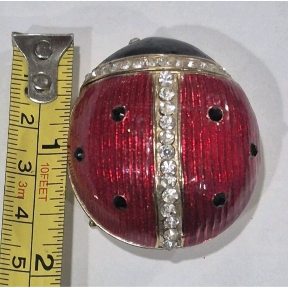 Vtg Cloisonne Trinket Box Ladybug Enamel Crystal Red Black Gold - Picture 7 of 7
